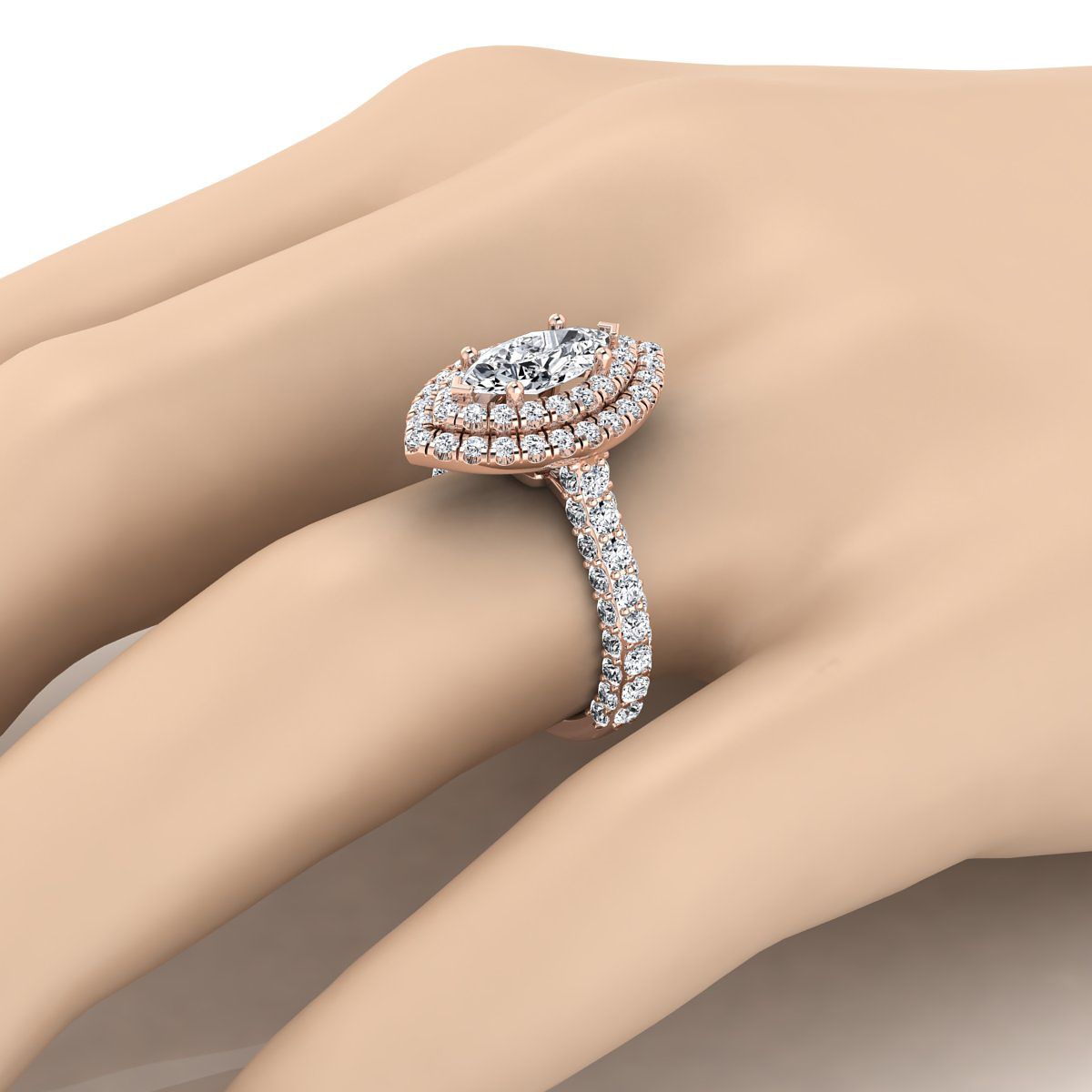 14K Rose Gold Marquise Diamond Bold and Fancy Double Halo French Pave Engagement Ring -2ctw