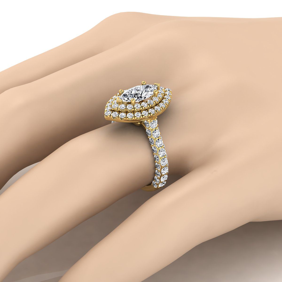 18K Yellow Gold Marquise Diamond Bold and Fancy Double Halo French Pave Engagement Ring -2ctw