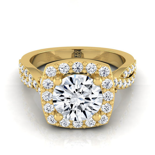 18K Yellow Gold Round Brilliant Diamond Twisted Scalloped Pavé Halo Center Engagement Ring -3/8ctw