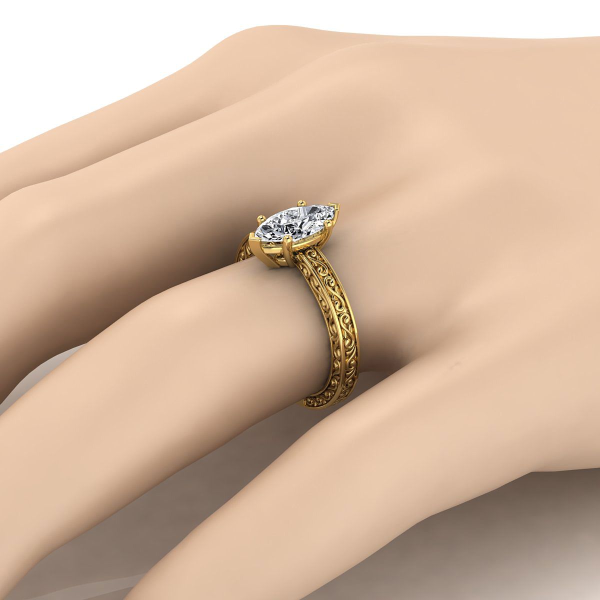 18K Yellow Gold Marquise Hand Engraved Scroll Vintage Solitaire Engagement Ring