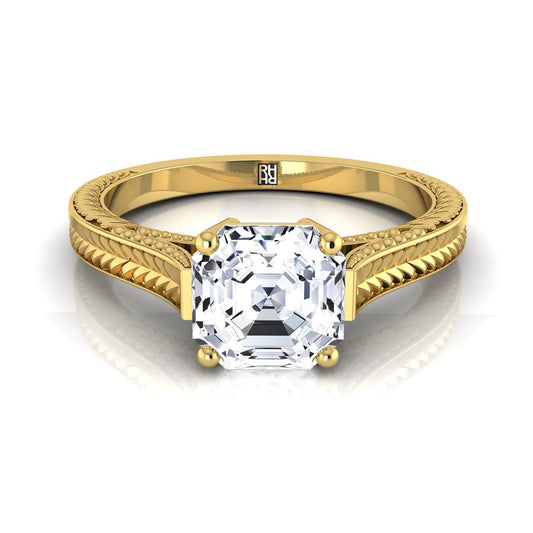 Hand-Engraved Vintage Cathedral Solitaire Asscher Cut Engagement Ring Setting in 18K Yellow Gold