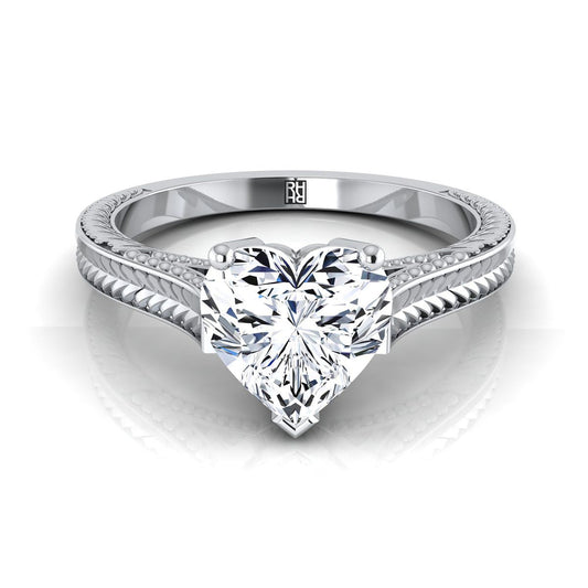 14K White Gold Heart Shape Center Hand Engraved Vintage Cathedral Style Solitaire Engagement Ring