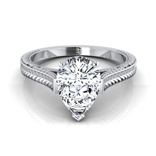 14K White Gold Pear Shape Center Hand Engraved Vintage Cathedral Style Solitaire Engagement Ring