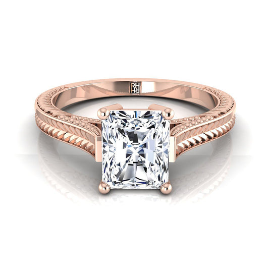 14K Rose Gold Radiant Cut Center Hand Engraved Vintage Cathedral Style Solitaire Engagement Ring