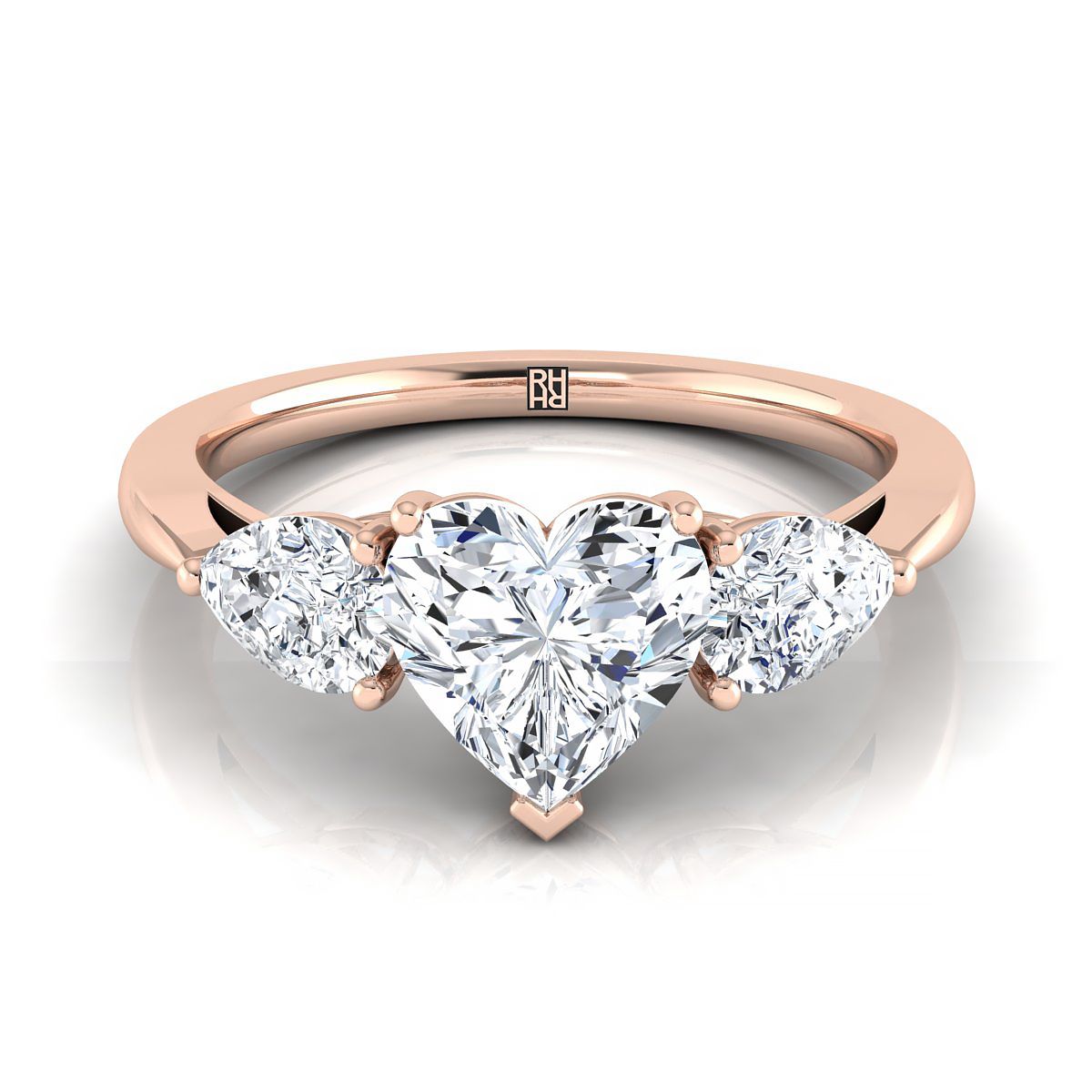 14K Rose Gold Heart Shape Center Diamond Perfectly Matched Pear Shaped