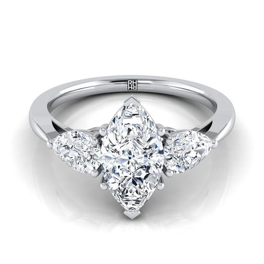 18K White Gold Marquise Diamond Perfectly Matched Pear Shaped Three Diamond Engagement Ring -7/8ctw
