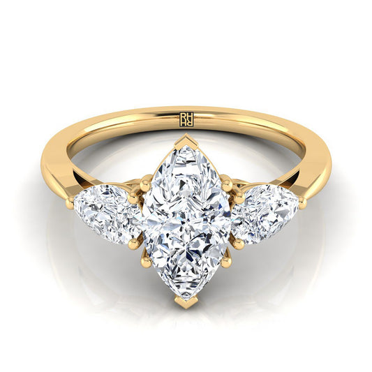 18K Yellow Gold Marquise Diamond Perfectly Matched Pear Shaped Three Diamond Engagement Ring -7/8ctw