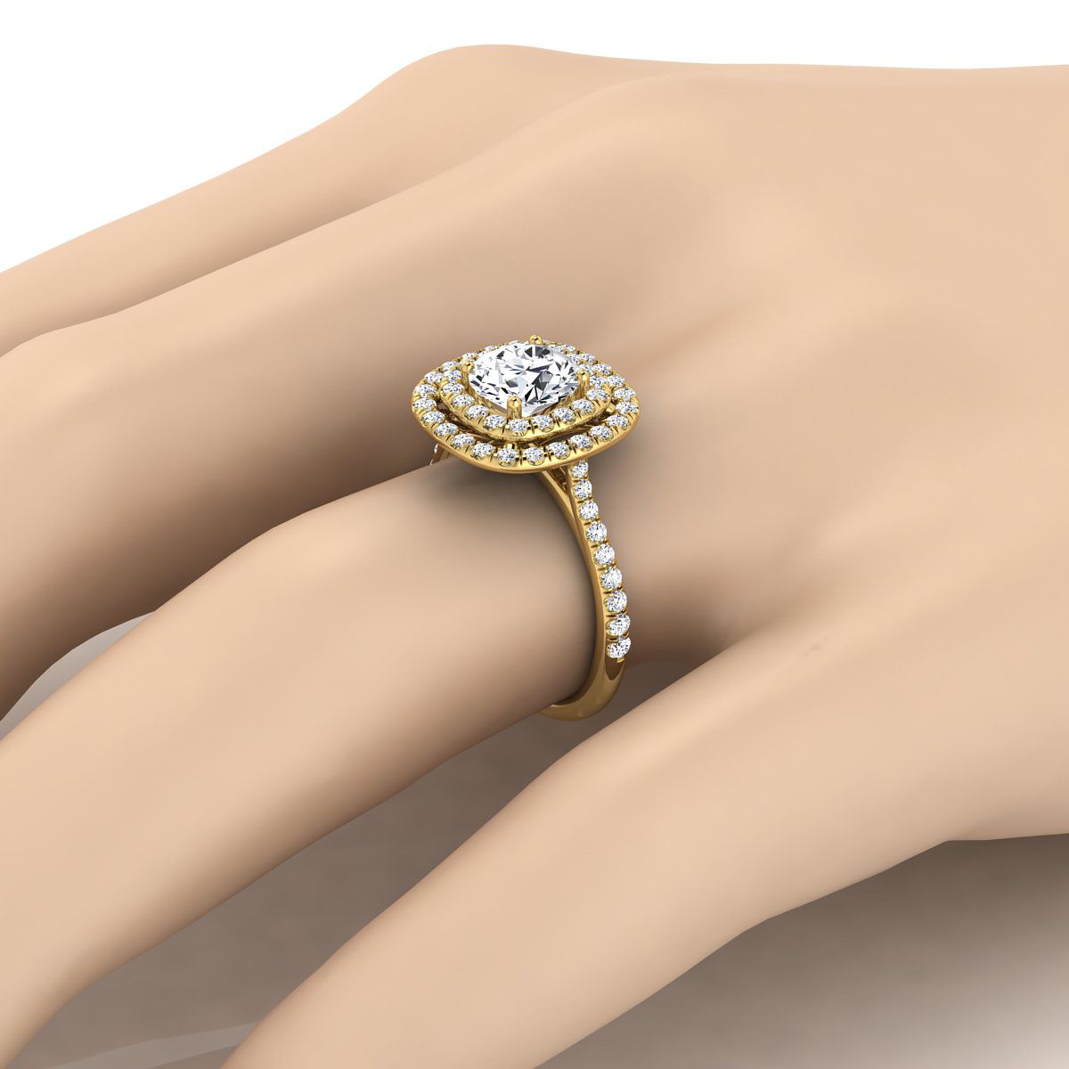 18K Yellow Gold Round Brilliant Diamond Double Halo Scalloped Pavé Engagement Ring -1/2ctw