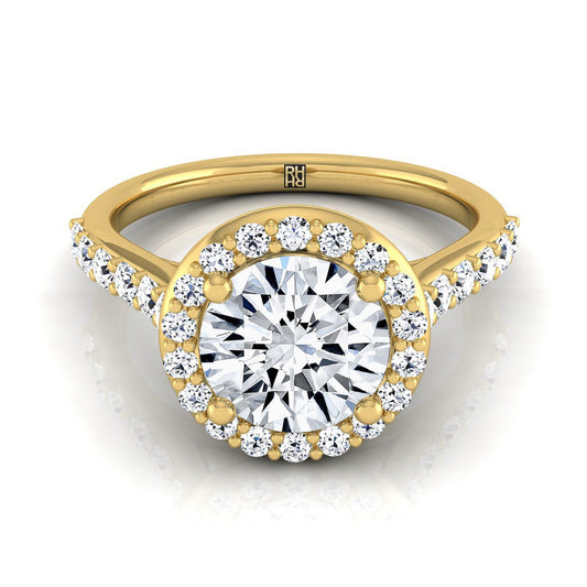 14K Yellow Gold Round Brilliant Diamond Shared Prong Halo with French Pave Engagement Ring -1/2ctw