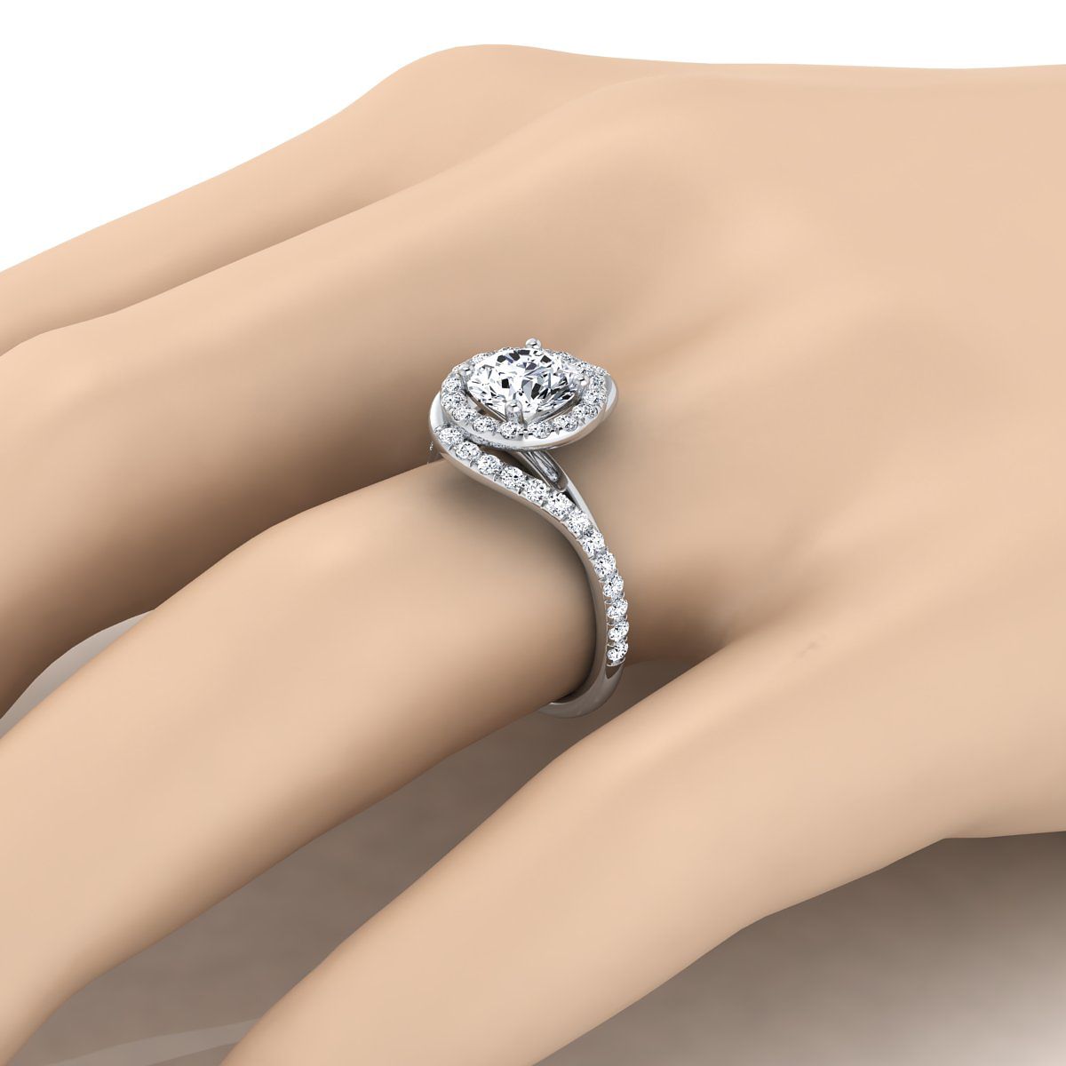 14K White Gold Round Brilliant Diamond French Pave Swirl Twist Halo Engagement Ring -1/2ctw