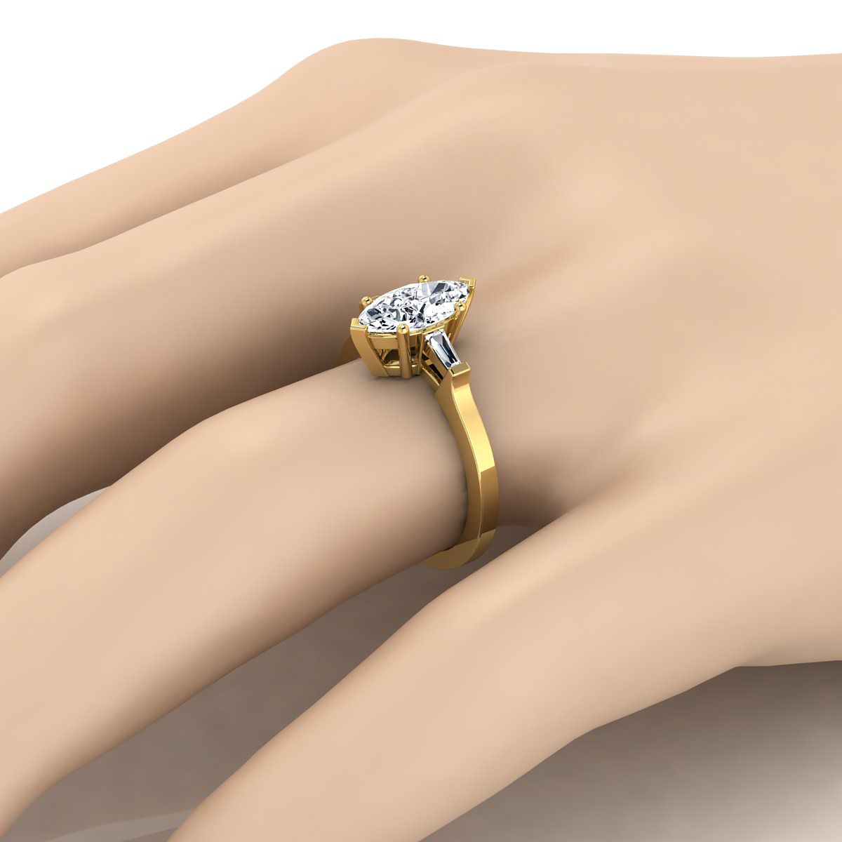 18K Yellow Gold Marquise Diamond Tapered Baguette Accent Engagement Ring -1/4ctw