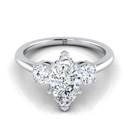18K White Gold Marquise Diamond Perfectly Matched Round Three Stone Diamond Engagement Ring -1/4ctw