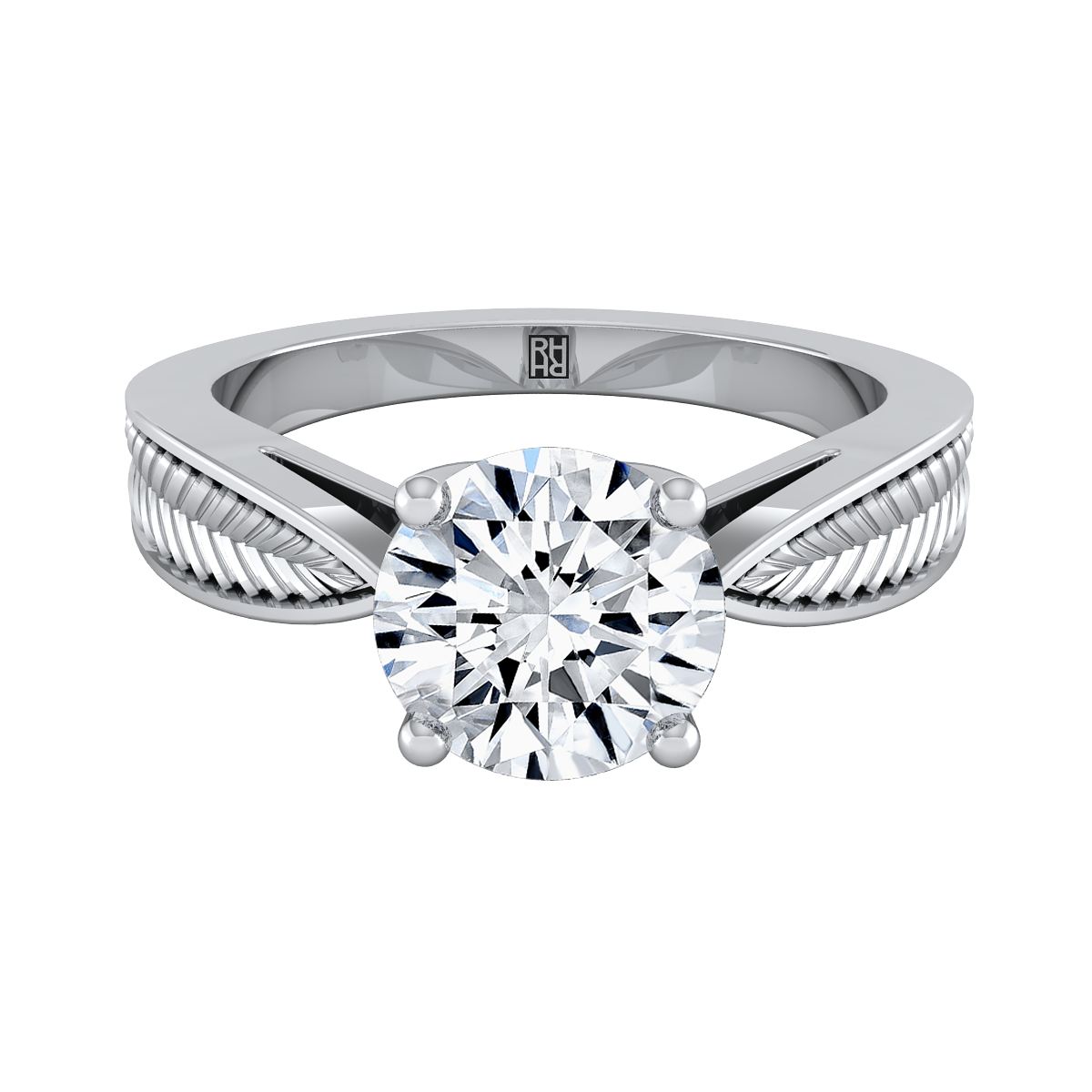 18K White Gold Round Brilliant Vintage Inspired Leaf Pattern Pinched Solitaire Engagement Ring
