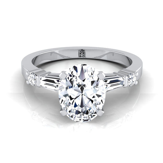 Platinum Oval Diamond Simple Baguette and Round Solitaire Engagement Ring -1/4ctw