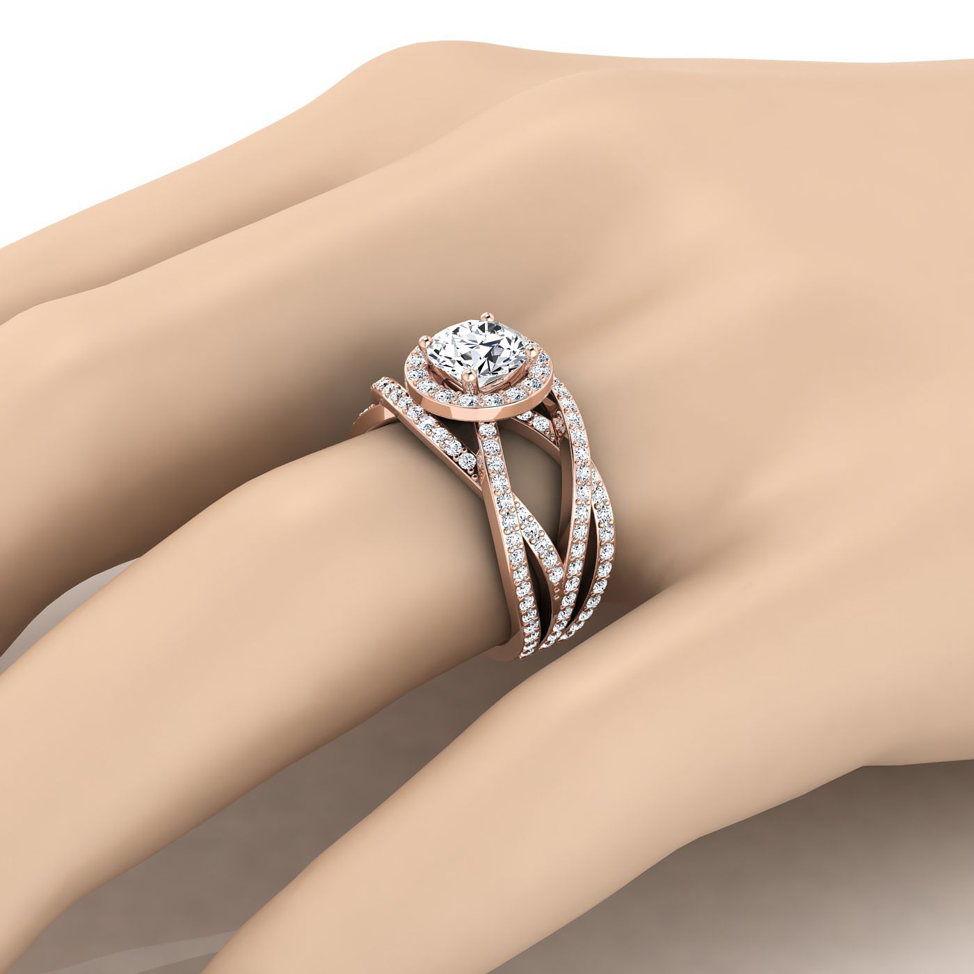 14K Rose Gold Round Brilliant Unique Open Intertwined Diamond Pave Row Engagement Ring -1ctw