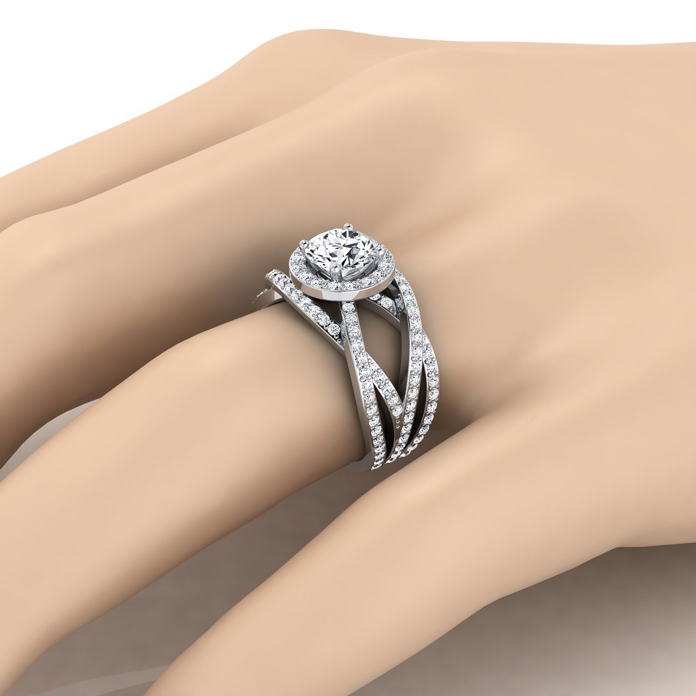 18K White Gold Round Brilliant Unique Open Intertwined Diamond Pave Row Engagement Ring -1ctw