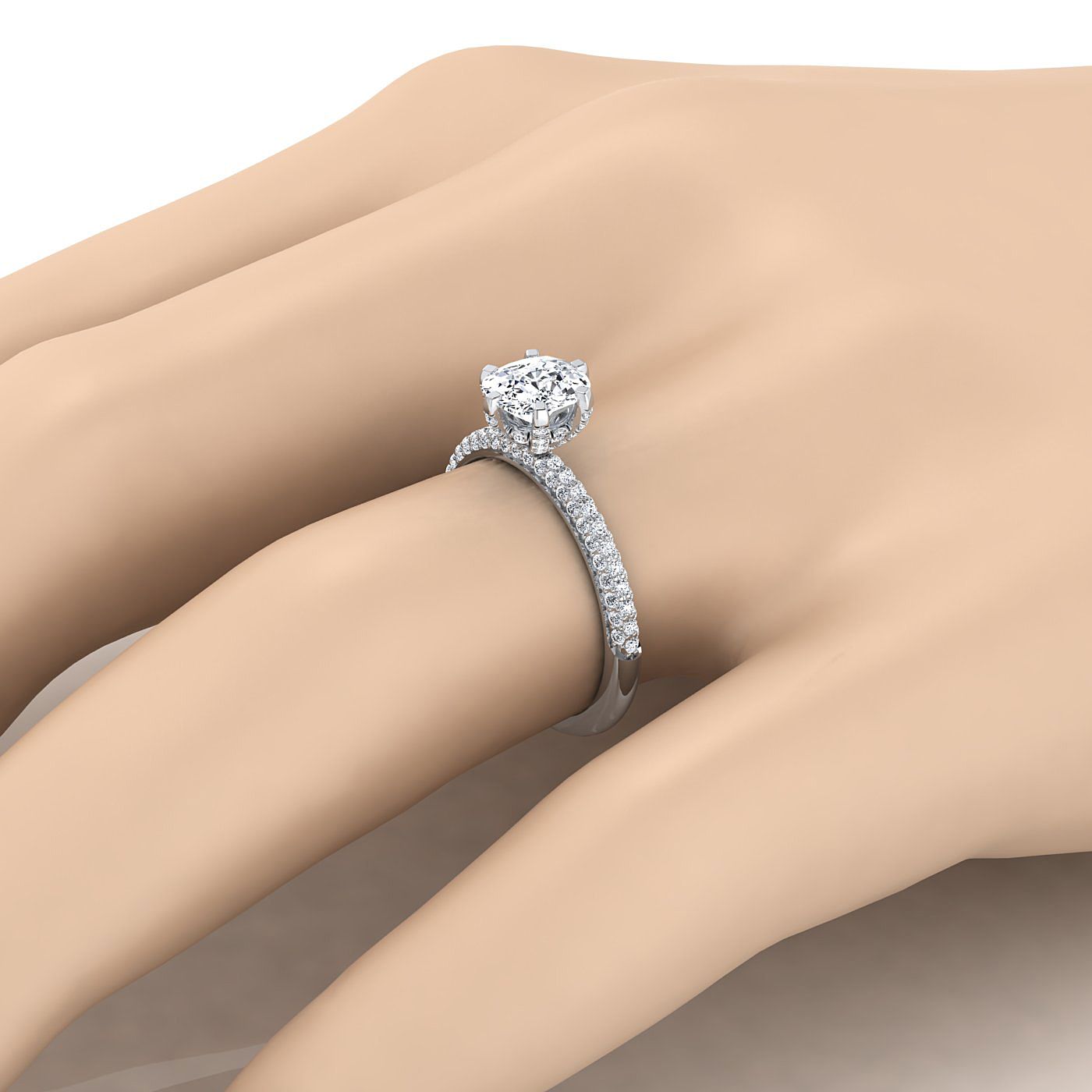Platinum Cushion Diamond Three Row French Pave Simple Engagement Ring -1/3ctw