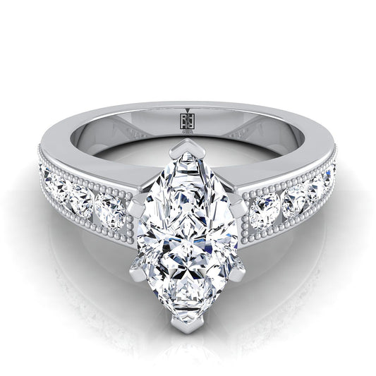 Platinum Marquise Diamond Antique Milgrain Bead and Channel Set Engagement Ring -1/2ctw