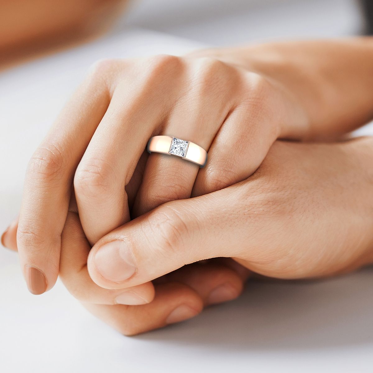 14K Rose Gold Princess Cut Wide High Polish Band Tension Set Solitaire Engagement Ring