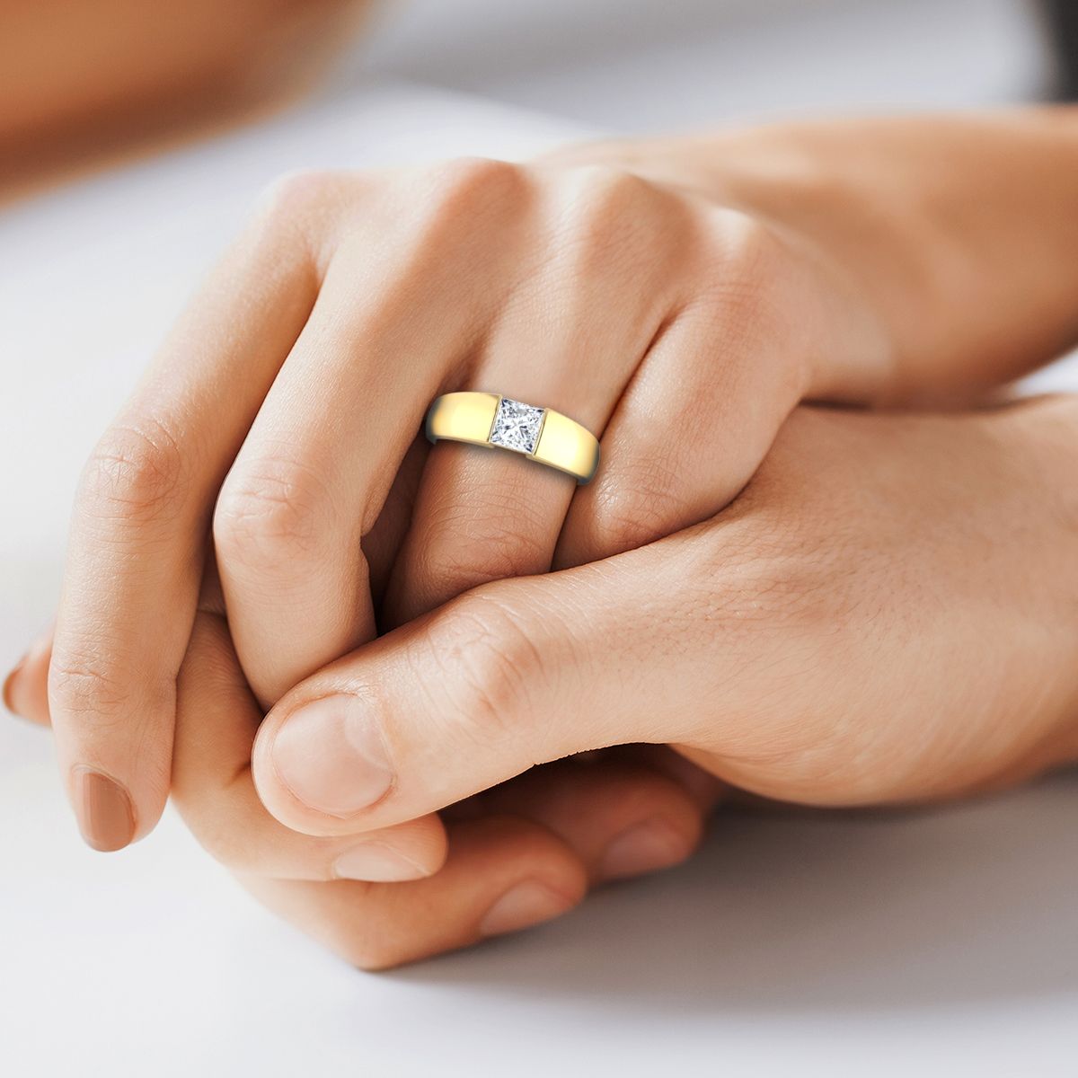 14K Yellow Gold Princess Cut Wide High Polish Band Tension Set Solitaire Engagement Ring