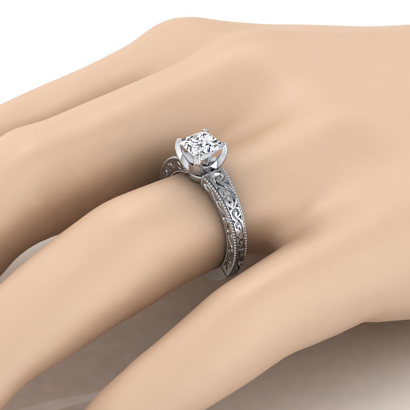 Hand-Engraved Scroll Vintage Solitaire Princess, in 18K White Gold – detail view | RockHer