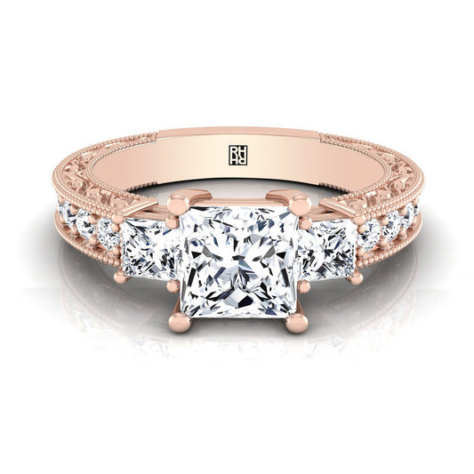 14K Rose Gold Princess Cut Diamond Hand Engraved Three Stone Vintage Channel Engagement Ring -3/4ctw
