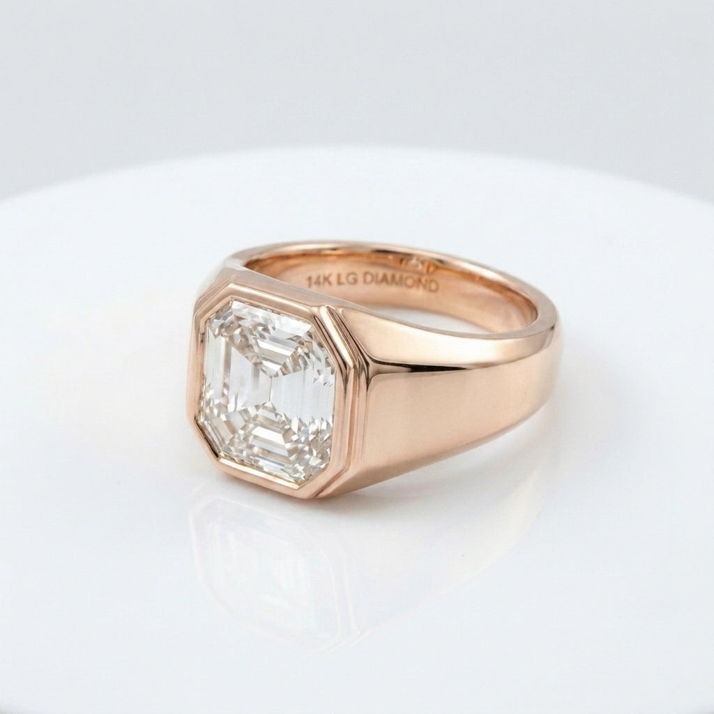 Women's Hexagon lab-grown diamond letter signet ring in 14K Rose Gold, letter J, product photography