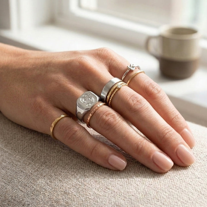 Women's Hexagon lab-grown diamond letter signet ring in 14K White Gold, letter S, worn on hand