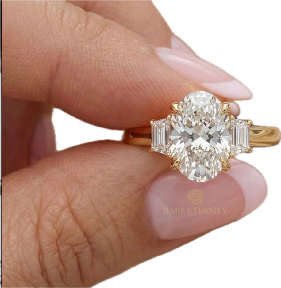 Custom Oval Three Stone Engagement Ring with Trapezoid Side Diamonds in 18K Yellow Gold