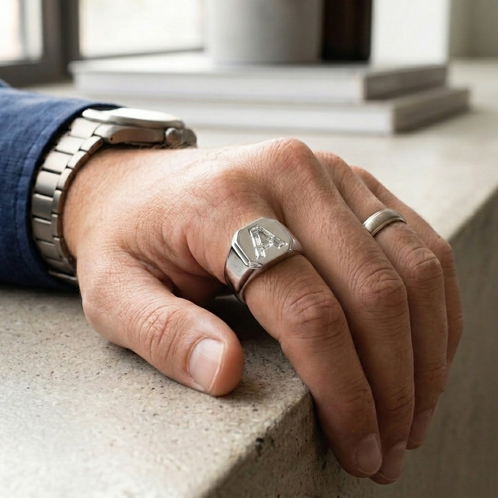 Men's Classic Square lab-grown diamond letter signet ring in Platinum, letter A, worn on hand