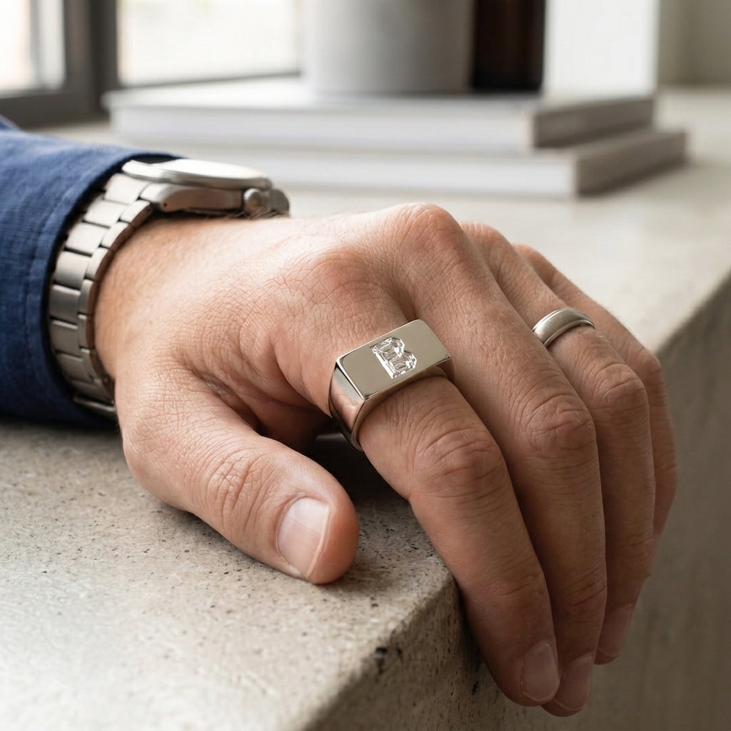 Men's Minimalist Bar lab-grown diamond letter signet ring in 14K White Gold, worn on hand
