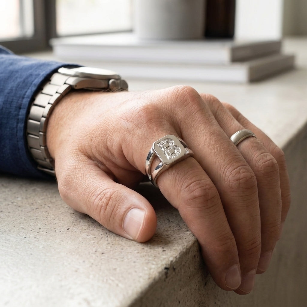 Men's Split Shank lab-grown diamond letter signet ring in 14K White Gold, worn on hand