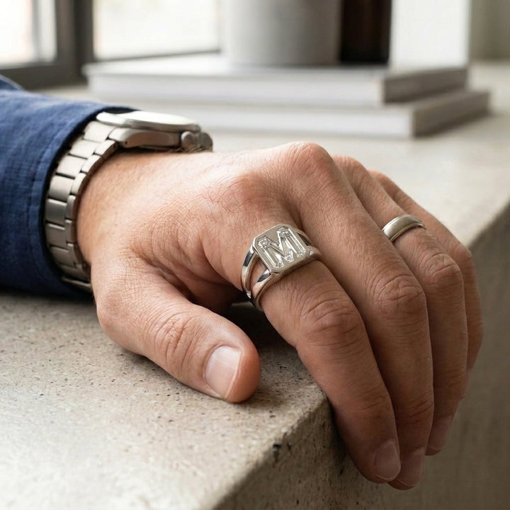 Men's Split Shank lab-grown diamond letter signet ring in 14K White Gold, letter M, worn on hand