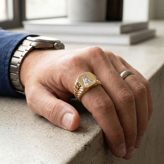 Men's Twisted Band lab-grown diamond letter signet ring in 14K Yellow Gold, letter A, worn on hand