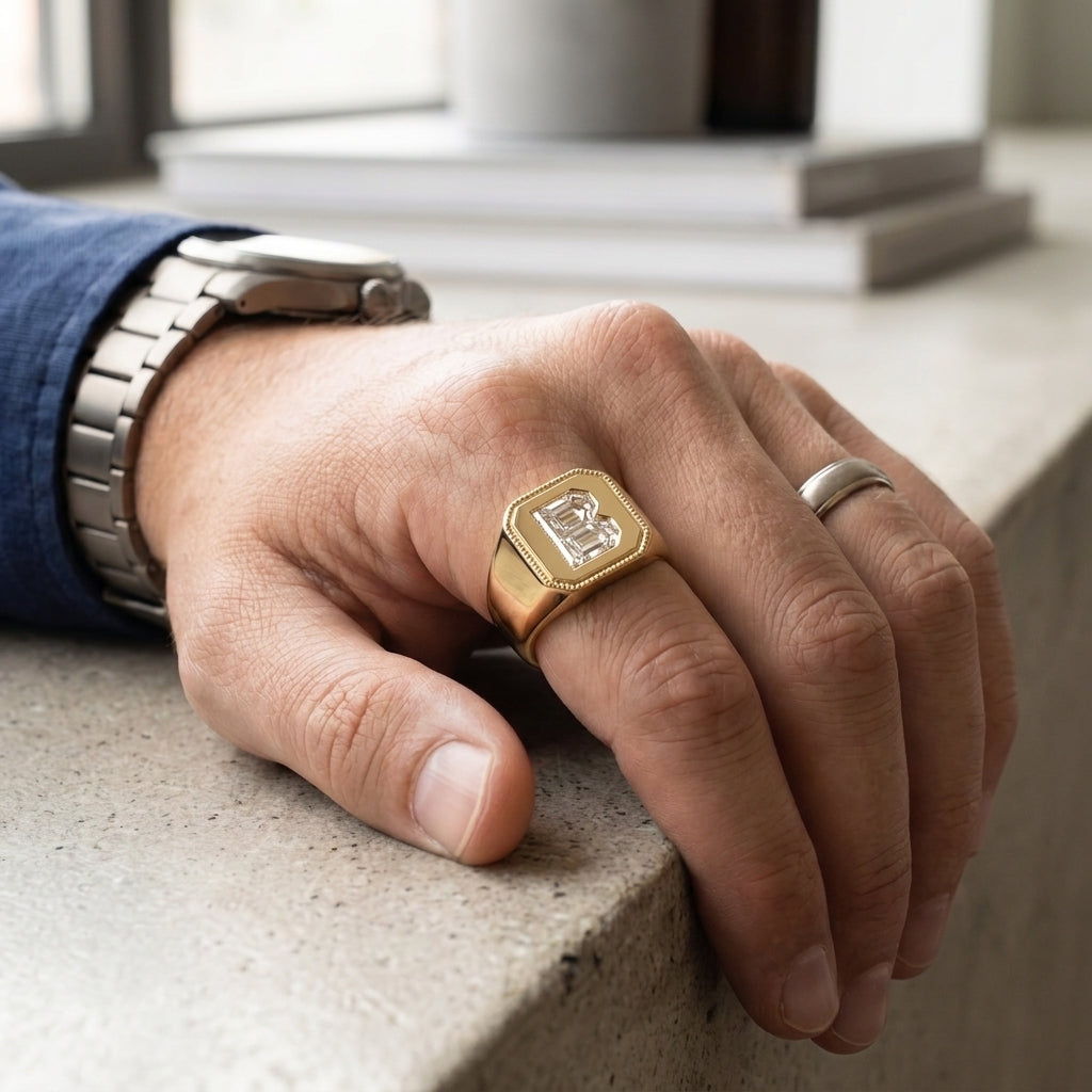 Men's Vintage Milgrain lab-grown diamond letter signet ring in 14K Yellow Gold, worn on hand