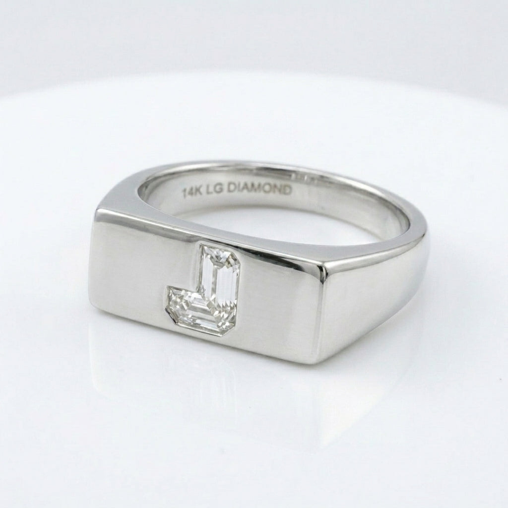 Women's Minimalist Bar lab-grown diamond letter signet ring in Platinum, letter J, product photography