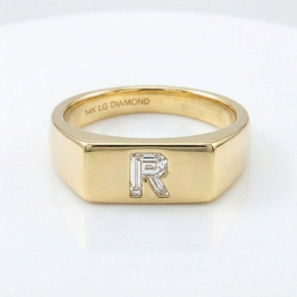 Women's Minimalist Bar lab-grown diamond letter signet ring in 14K Yellow Gold, letter R, product photography