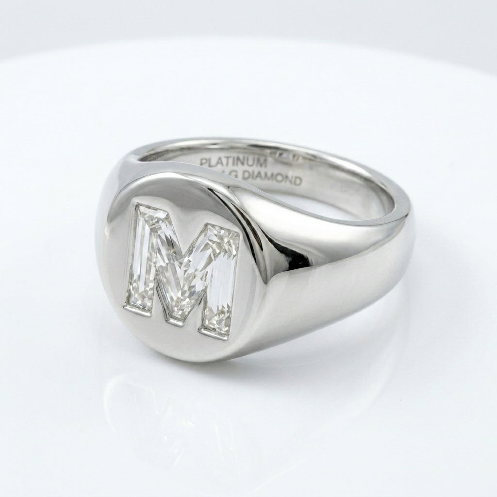 Women's Oval lab-grown diamond letter signet ring in Platinum, letter M, product photography