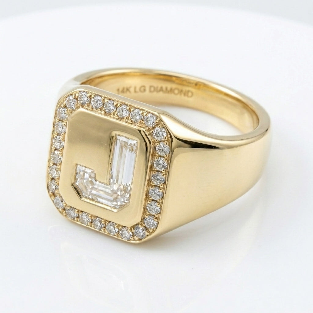 Women's Pavé Border lab-grown diamond letter signet ring in 14K Yellow Gold, letter J, product photography