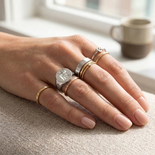 Women's Round lab-grown diamond letter signet ring in Platinum, letter R, worn on hand