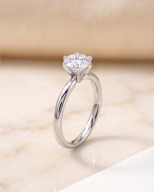 The Elettra Timeless Comfort Fit Six Prong Solitaire Round Engagement Ring Setting in Platinum