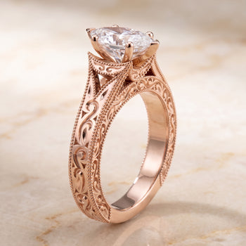 The Janis Hand Engraved Milgrain Vintage Solitaire Marquise Engagement Ring Setting in 14K Rose Gold