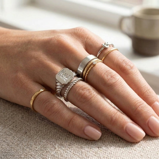 Women's Twisted Band lab-grown diamond letter signet ring in 14K White Gold, letter E, worn on hand