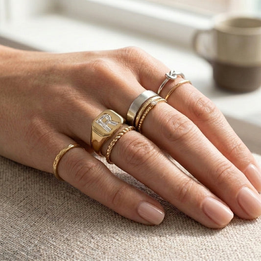 Women's Twisted Band lab-grown diamond letter signet ring in 14K Yellow Gold, letter R, worn on hand