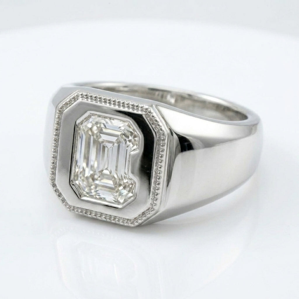 Women's Vintage Milgrain lab-grown diamond letter signet ring in Platinum, letter C, product photography