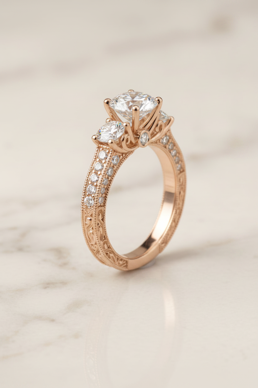 The Rosie Vintage Three Stone engagement ring in rose gold, angled view