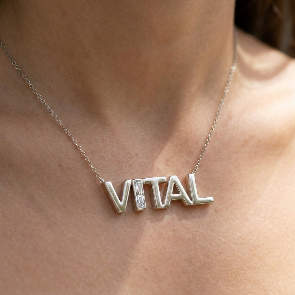 VITAL lab-grown diamond necklace in Platinum, worn on neck