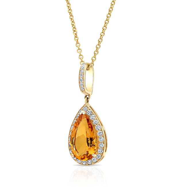 Citrine And Diamond Teardrop Pendant In 14k Yellow Gold With Adjustable Rolo Chain
