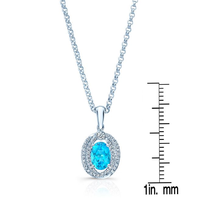 Oval Swiss Blue Topaz & Diamond Pendant In 14k White Gold