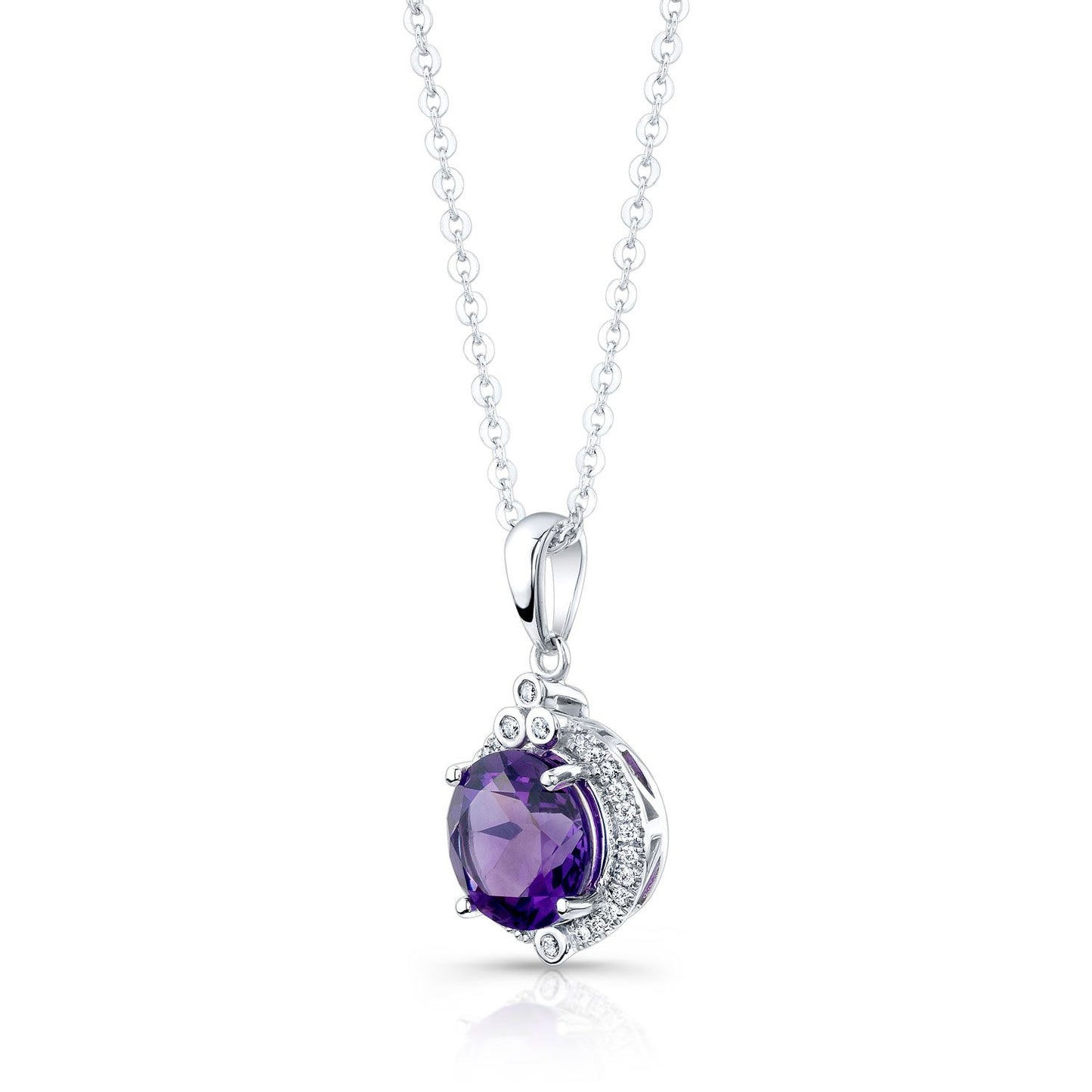 Amethyst And Diamond Round Halo Pendant With Bezel Accent In 14k White Gold